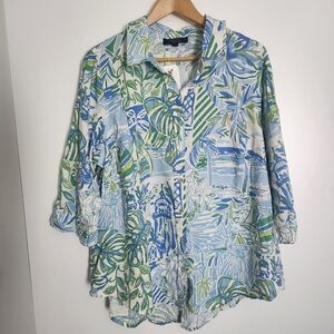 RACHEL ROY Linen Blend‎ Lightweight Button Down Shirt Tropical Leaf Print 1X NWT